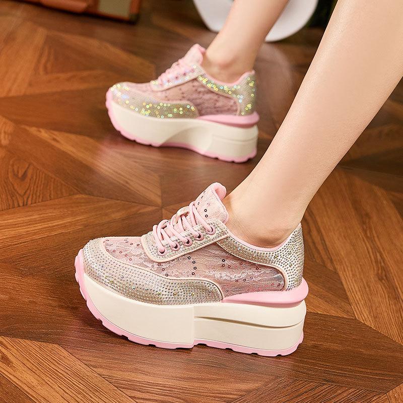 Platform white shoes women's 2025 summer new rhinestone hollow mesh sandals inner height increase versatile Forrest Gump casual shoes