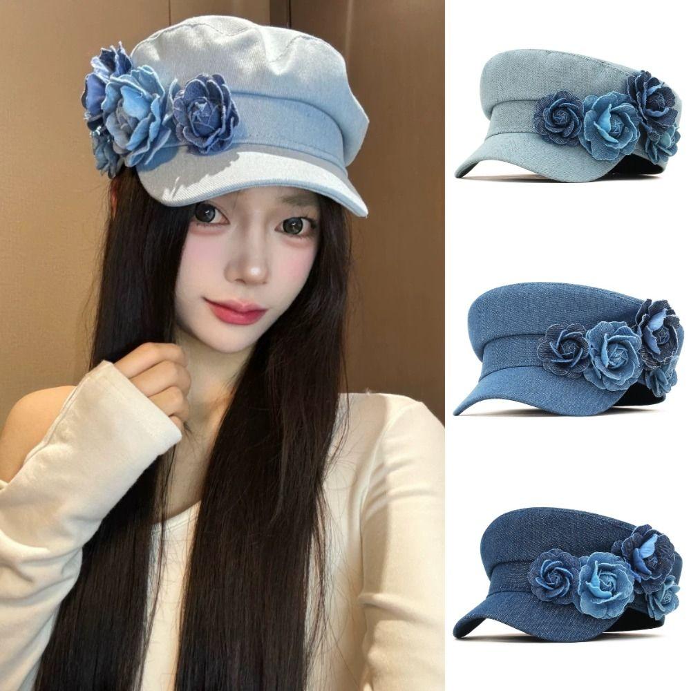 Adjustable Flower Flat Top Hat Artistic Painter Caps Niche Design Denim Camellia Beret Hat  Girl