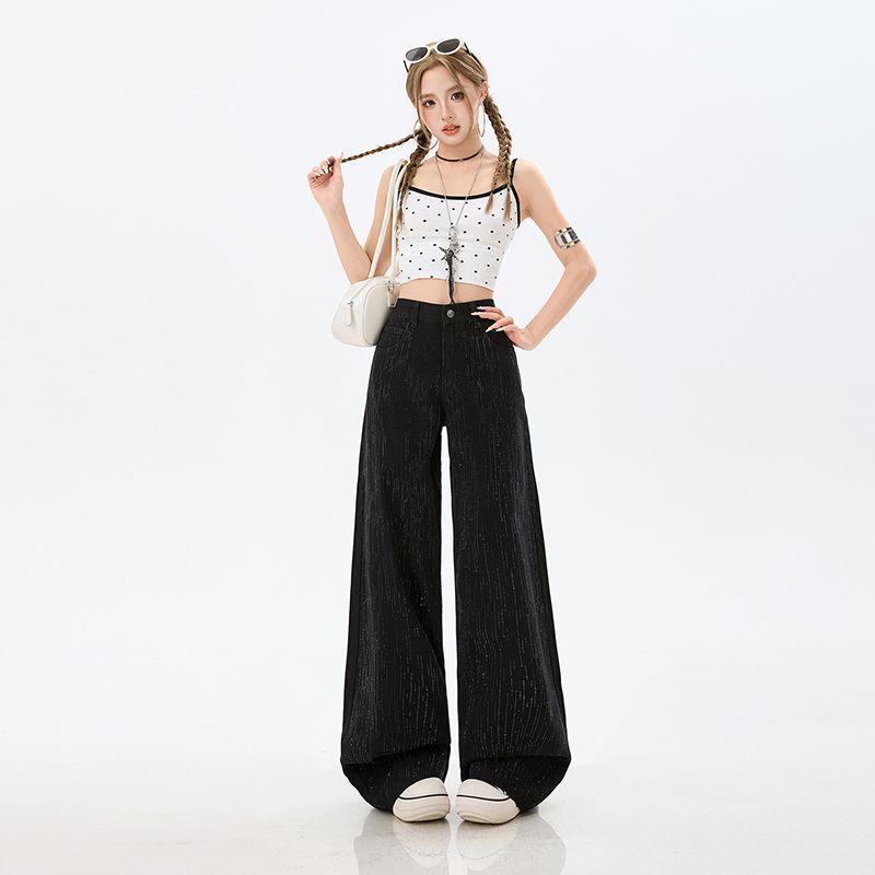 Early Spring Premium Meteor Bling Rhinestone Black High Waist Stack Wide Leg Long Denim Pants For Women Casual Pants Oversize Denim Trousers