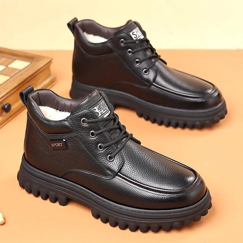 Fashion Designer New Cow Leather Platform  Boots for Men Fashion Casual Soft-soled Warm Men's Cotton Shoes Winter Black Ankle Boots Male