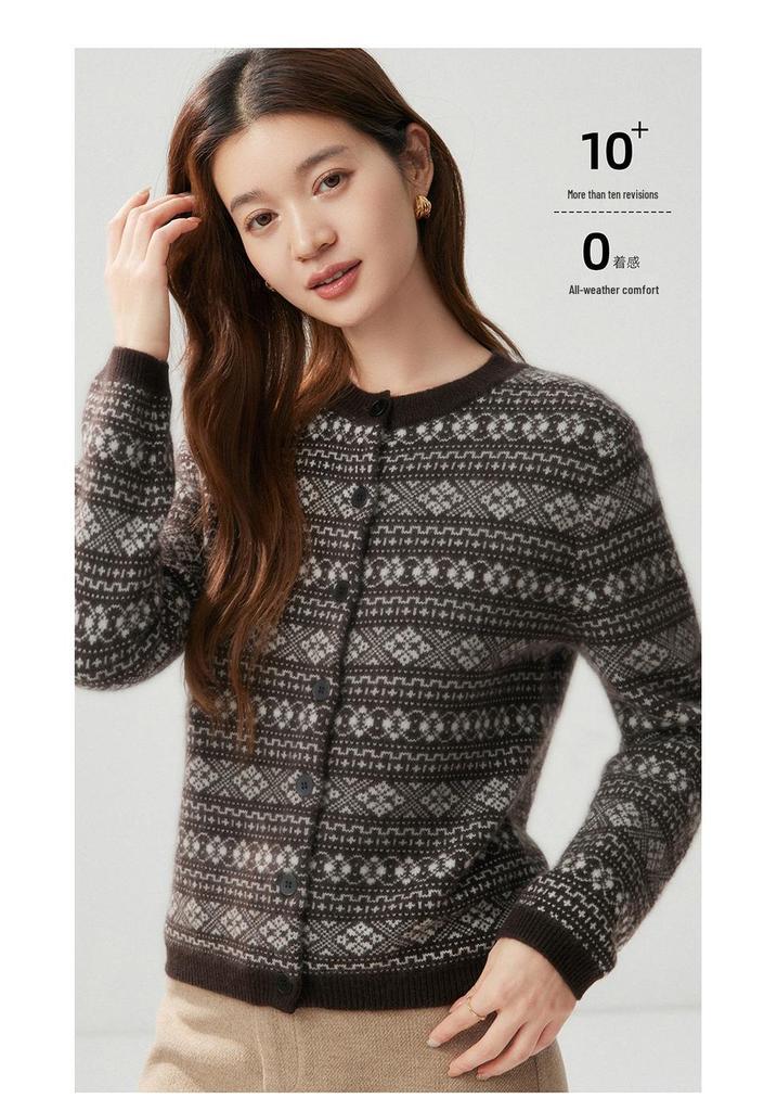 Women's Winter 2026 Fair Isle Cashmere Jacquard Cardigan – Thick, Warm, Versatile Round Neck Outerwear
