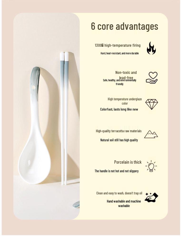 Simple Ceramic Long-handled Soup Spoon and Chopsticks Set for Home and Restaurant Use