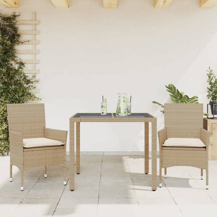 VidaXL Ensemble à manger de jardin et coussins 3 pcs beige rotin verre 3278567