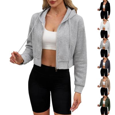 Damenmode Herbst und Winter lässig einfarbig mit Kapuze Reißverschluss kurze Langarmjacke