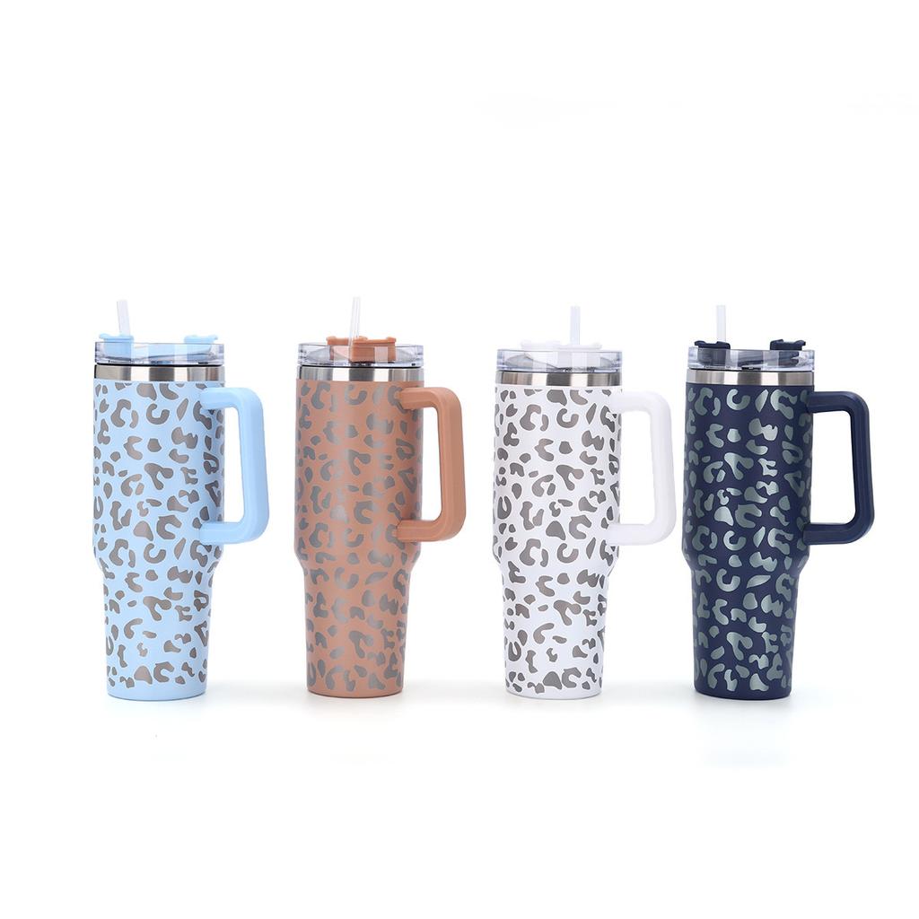 1Pc 1200ML 304Stainless Steel Print Cup with Straw Portable Car Cup Large Capacity Water Cup Car Water Bottle