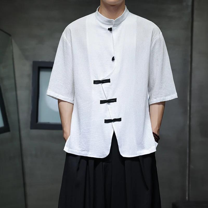 Men Linen Shirt Summer Light Thin Short Sleeved Streetwear Loose Oversize Casual Chinese Style Shirt Tang Suit Hanfu