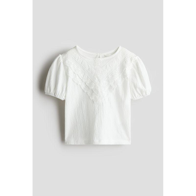 

Детская одежда HM для девочек, рубашка 2025 лето, новинка, текстурная, на шнуровке, кружево, рукава-буфы, короткий рукав, топы 1286188 White 120/60(4-6Y)