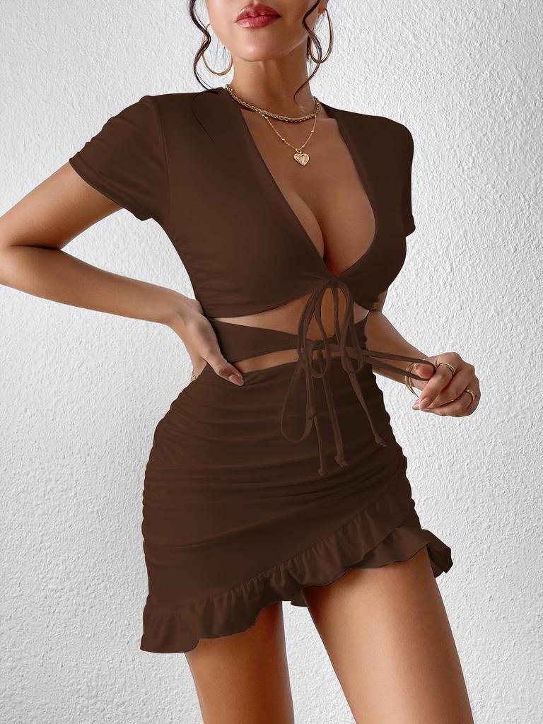 Bodycon Bandage Ruffle Dress, Short Sleeve V-Neck, Summer Fashion for Women