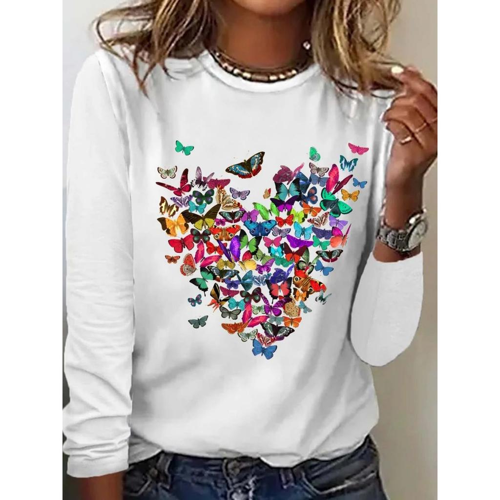 Round Neck 3D Printed Butterfly Pattern Top Fashionable Casual Long Sleeved Women's T-shirts