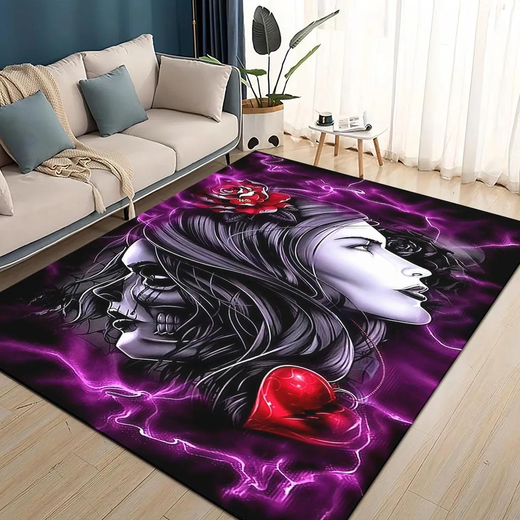 Covor Rug 3D Craniu Gotic Față Trandafir Femeie Desen Animat Groaznic pentru Sufragerie Dormitor Casă Decor Canapea, Covoraș de Podea Antiderapant pentru Copii