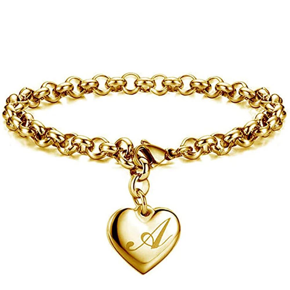 1 StückNeuer Goldfarbener Initialbuchstabe Herzanhänger Armbänder Für Frauen Edelstahl Gliederkettenarmband Mit 26 Buchstaben Graviert