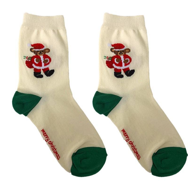 2025 Women's Korean Mid-Calf Christmas Socks: Color Block Heel Cartoon Design for Autumn/Winter Happy Party.