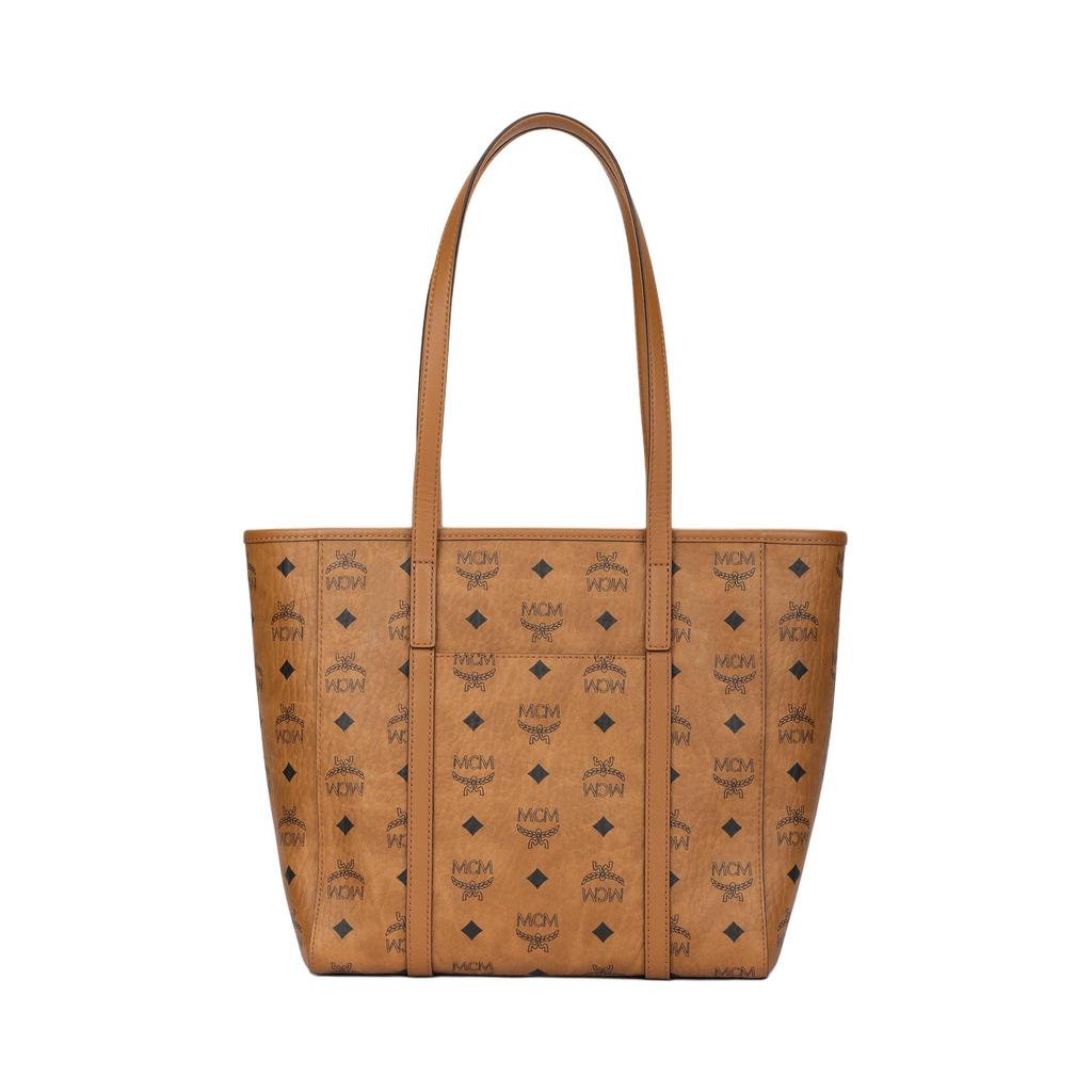 MCM Cognac Visetos Monogramm-Tragetasche mit goldener Logo-Platte & strukturierter Silhouette für den täglichen Gebrauch & Reisen