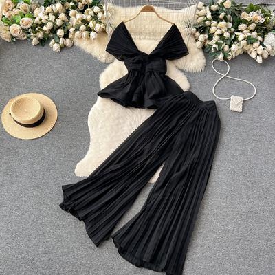High End Elegant Fashion Set Women's Summer Pleated Sleeveless Chiffon Top+High Waist Wide Leg Pants 2 Two Piece Set Fashion Suits
