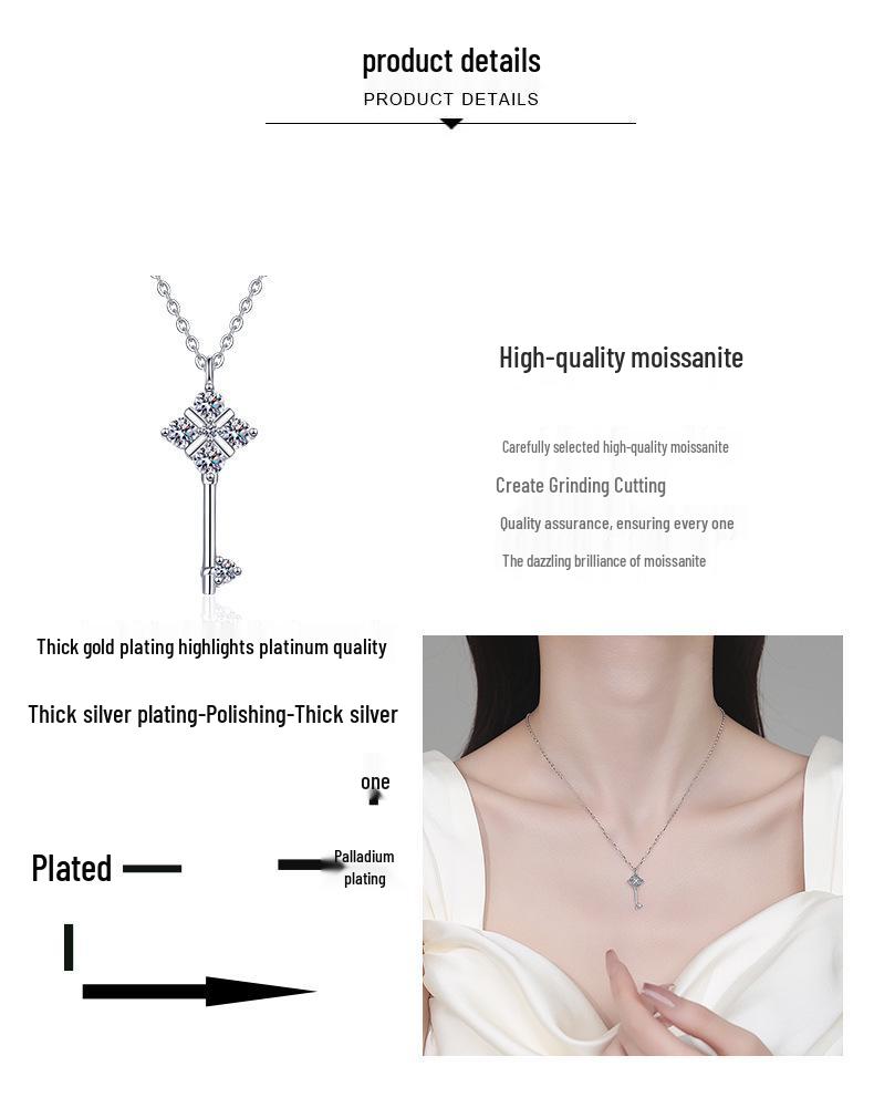S925 Sterling Silver Key Pendant Necklace with Moissanite: Elegant, Simple, Trendy Everyday Jewelry for Women