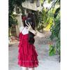 Red suspender dress women's summer new pure desire spice girl vacation style thin a word short skirt cake skirt
