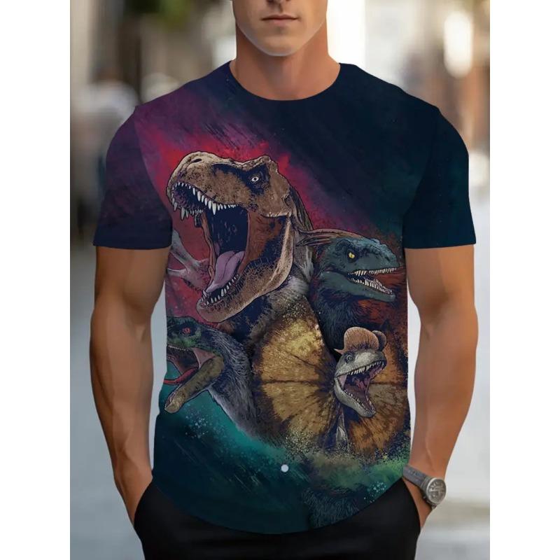 Men's 3D Dinosaur Printed T-shirt Casual Short Sleeved Round Neck Breathable Polyester Fabric Summer Style