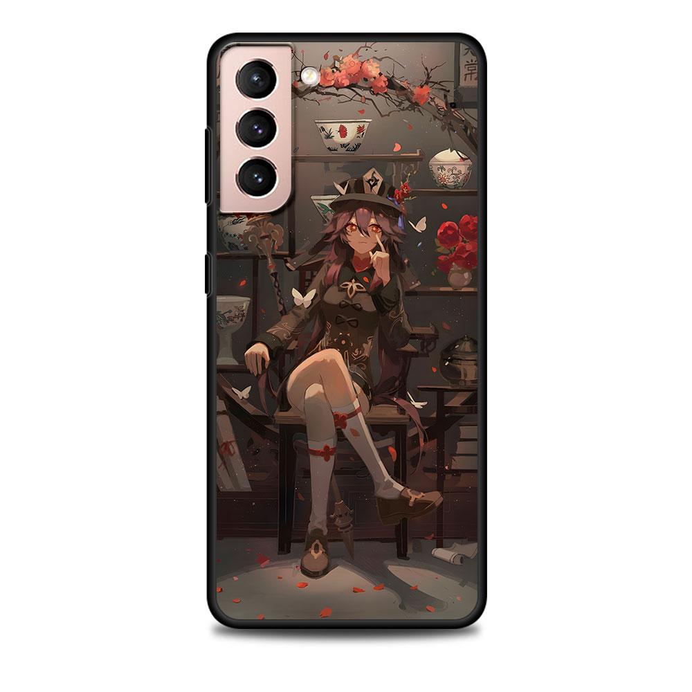 Hu Tao Genshin Impact Case for Samsung Galaxy S23 S10e S10 S21 FE S22 S9 S24 Ultra S20 Plus Soft Black TPU Phone Cover Bumper
