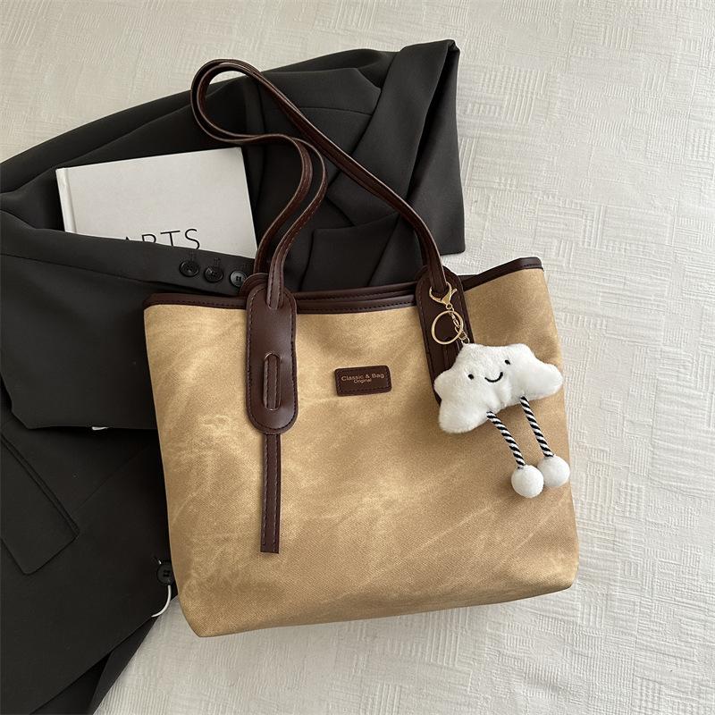 Retro Large-capacity Tote Bag Women's 2025 New Fashion Texture Shoulder Bag Simple Work Commuter Bag Splicing