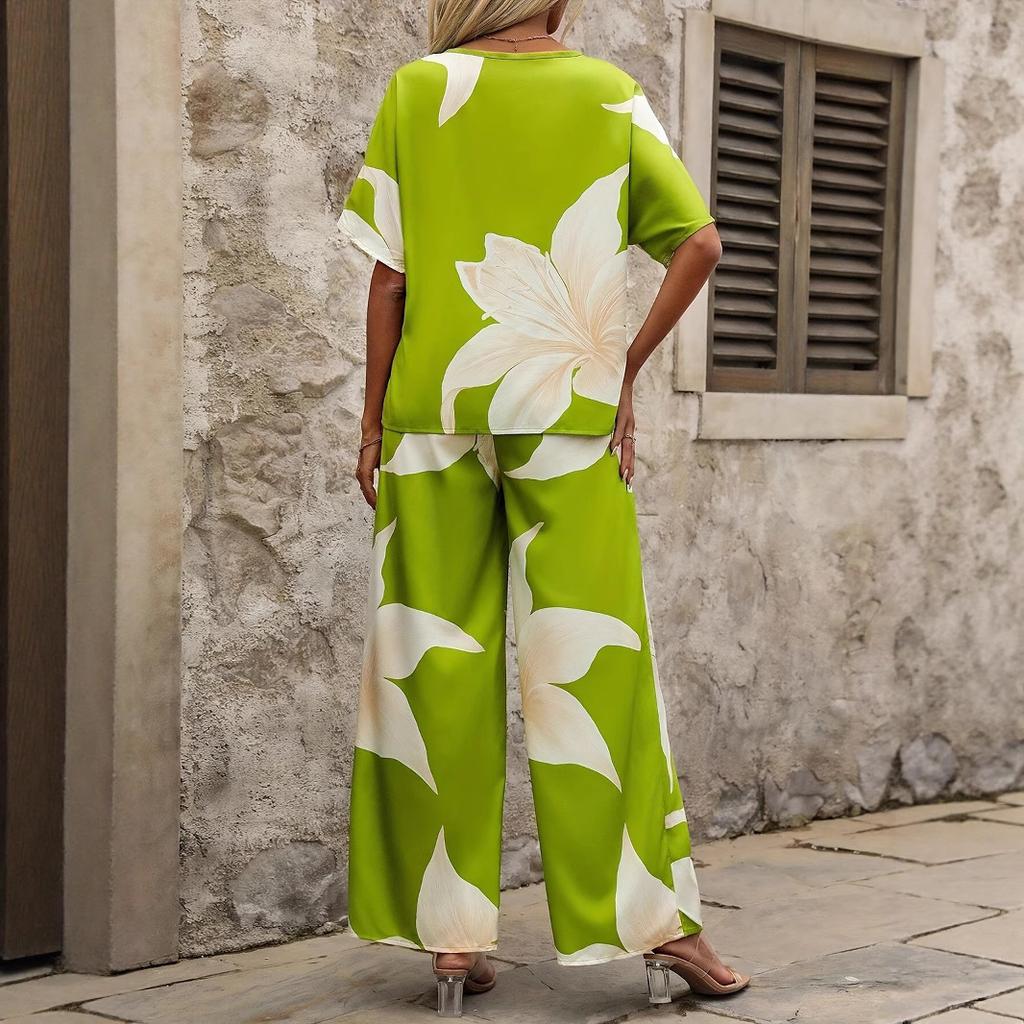 2025 Summer Independent Station TEMU Hot Sale Women's Casual Print Two-Piece Set Bat-Sleeve V-Neck Top + Long Pants