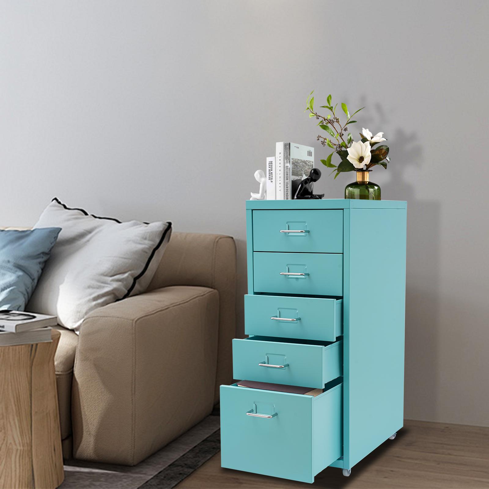 5-Drawer Rolling Metal File Cabinet w/ Lockable Wheels,Modern Blue Storage Organizer for Office & Bedroom(11lbs Drawer Capacity) blu