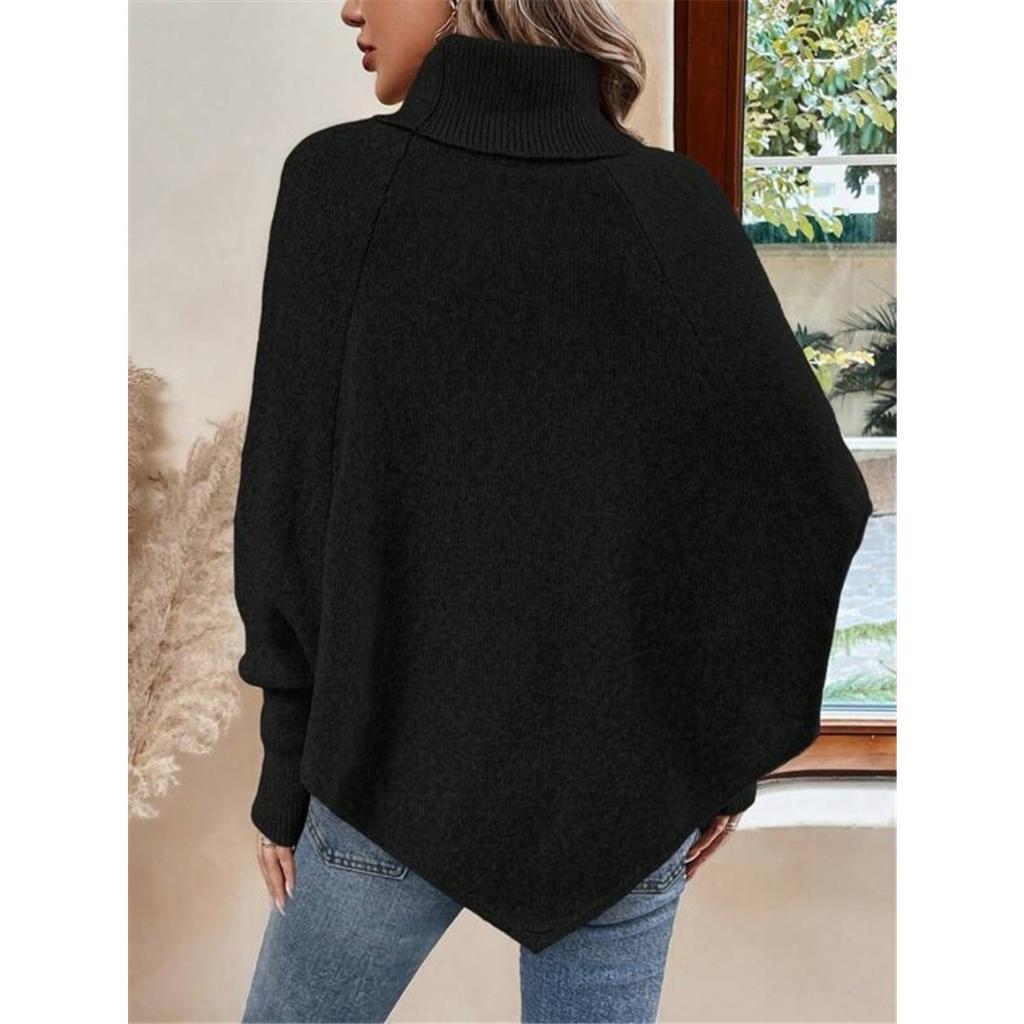 Women's Winter High Collar Asymmetric Hem Cape Sweater, Button Decoration Bat Sleeve Fried Dough Twists Weave Texture