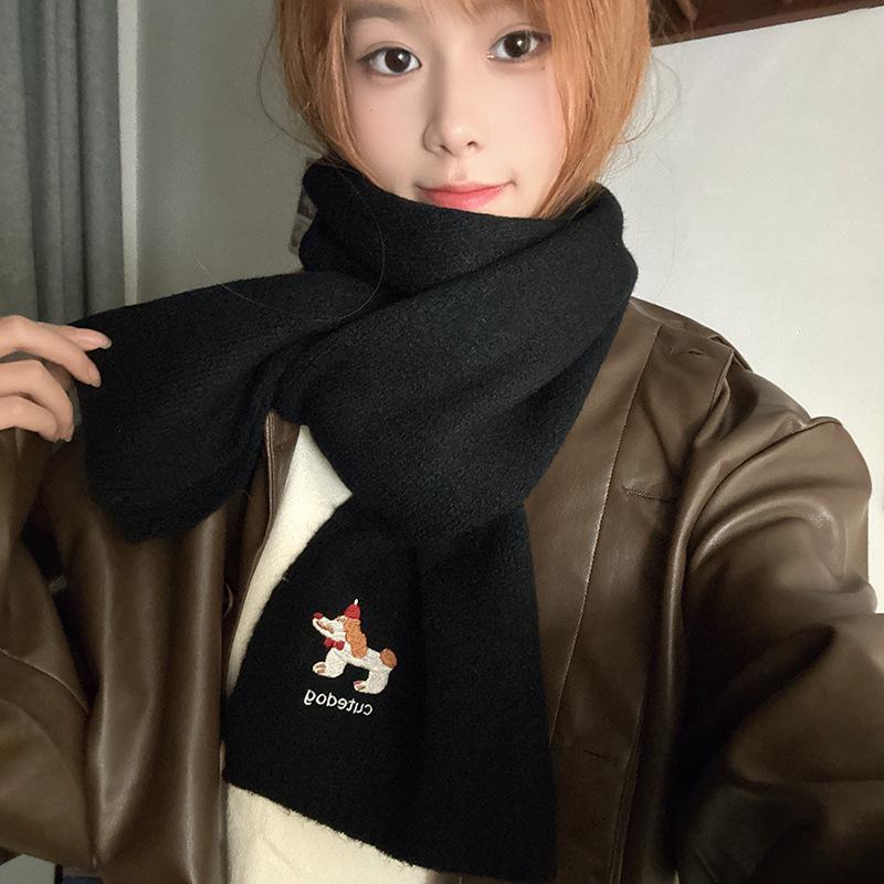 Falling Pool Knitwear: Women's Cute Puppy Embroidered Winter Scarf - Warm, Versatile Cartoon Neck Warmer