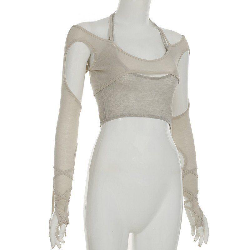 Purely Sexy T-Shirt Design with Hollow-Out Long Sleeves, Dance-Style Top with a Split Design, Fake Two-Piece Dance Structure-Style Jazz Top