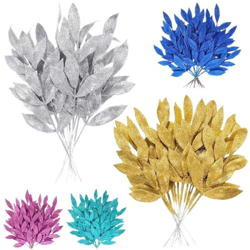 10Pcs New Artificial Artificial Leaves DIY 6-Leaf Fake Plant Leaves Glitter Christmas Tree Decor New Year Gift