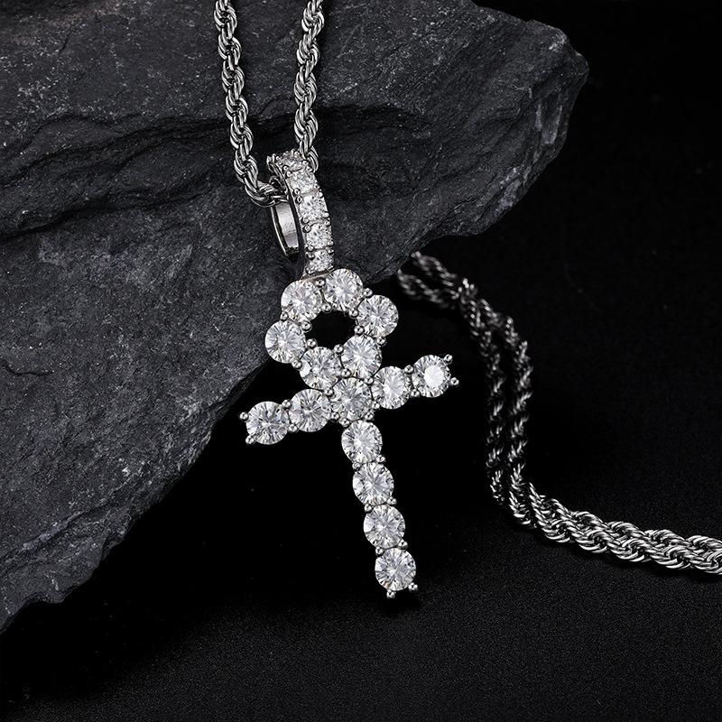 European American Trend S925 Sterling Silver 5mm Moissanite Cross Pendant Men's Gold Rhodium-Plated Christian Hip Necklace