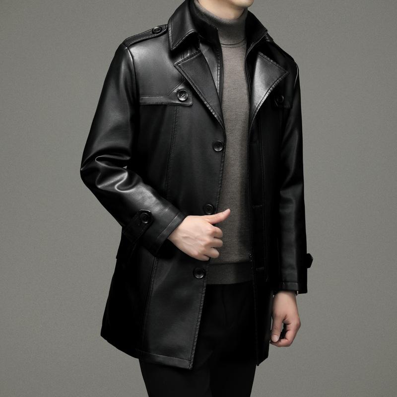 Winter Genuine Leather Jacket Sheepskin Men's Mid-length Leather Windbreaker Lapel Plus Velvet Thickened Leather Coat for Men