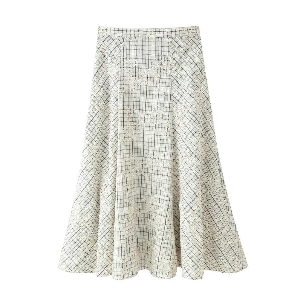 European and American style, new women's clothing, plaid embroidery bow top, plaid embroidery skirt