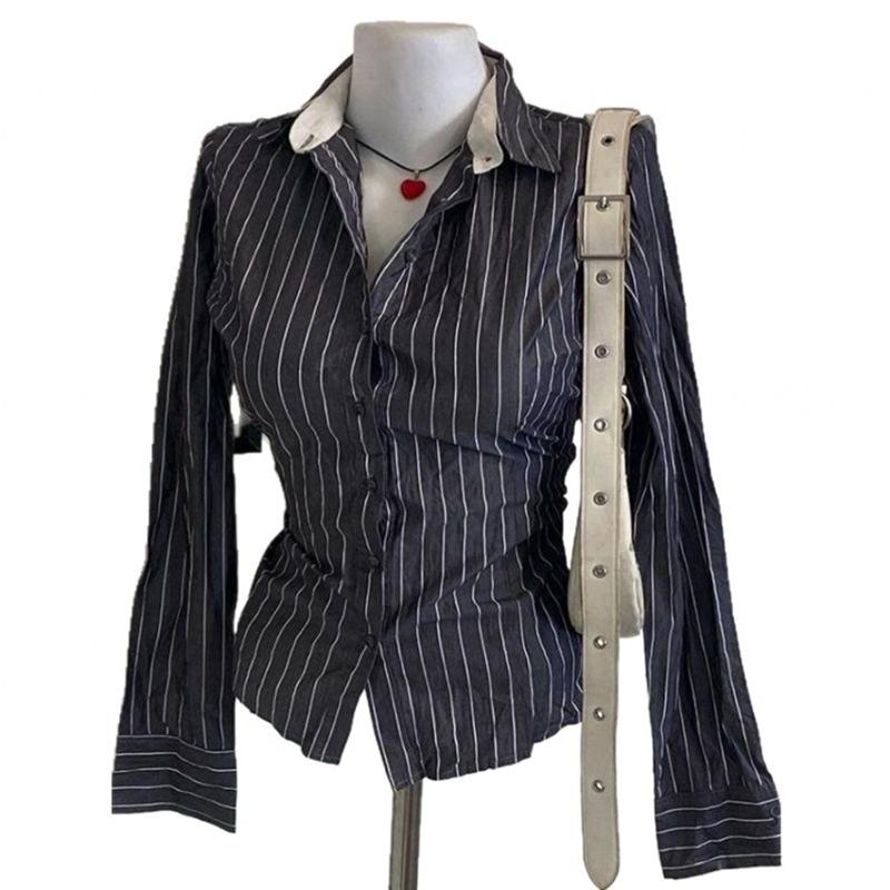 Weiß Grau Retro Vertikaler Streifen Kurzer Stil Gotisch Revers Y2K Hemd Schlanke Passform Street Punk Chic