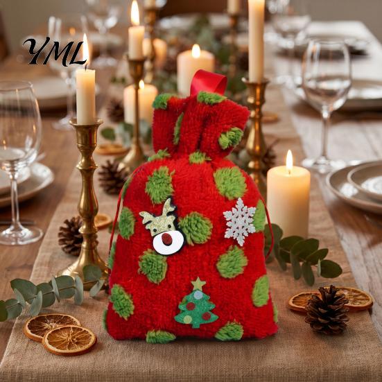 Fluffy Candy Apples Containers Christmas Plush Gift Bag with Drawstring, Soft Santa Sack for Bags Presents, Reusable Holiday Wrapping Pouch Xmas Party