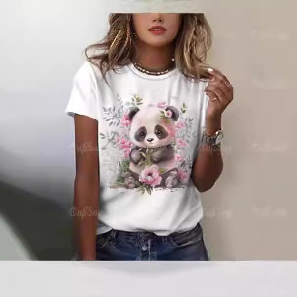 Cartoon panda pattern women's T-shirt O-neck short-sleeved T-shirt loose jumper summer women's fashion street