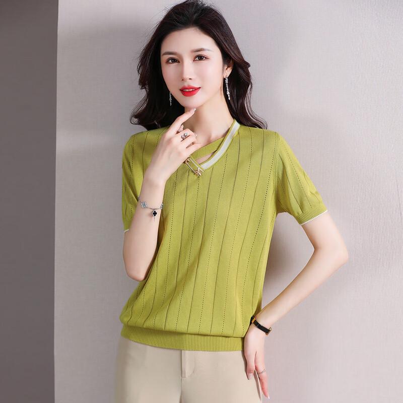 

Elegant Ice Silk Knit V-Neck Short-Sleeve T-Shirt for Women L