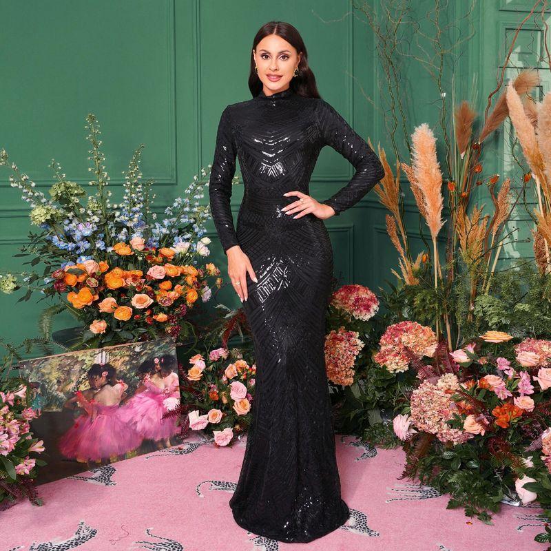 Women Elegant Sequin Dress Long Sleeve Evening Party Dresses Black XL