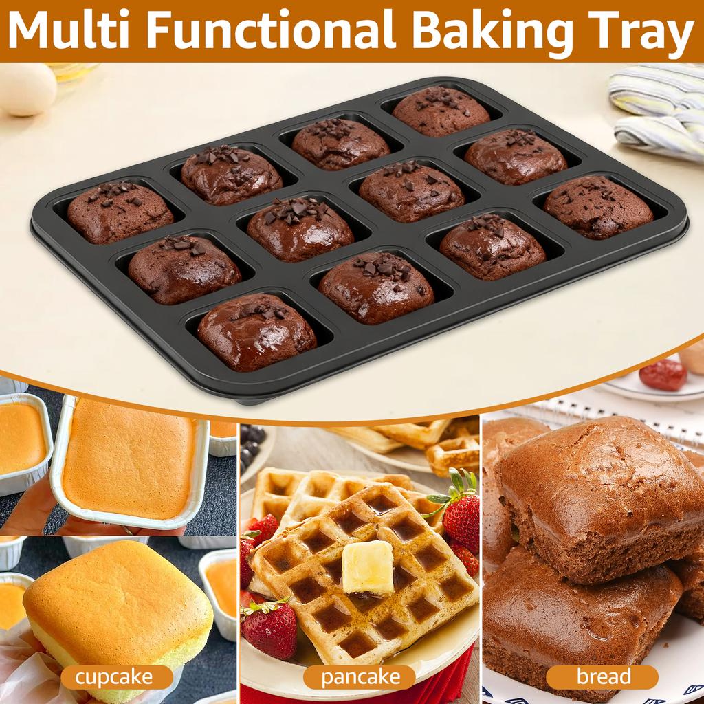 4/2Pcs Mini Brownie Pans 12 Cavity Non-stick Muffin Baking Pan Bakewares Square Cupcake Baking Molds for Home Gathering Baking