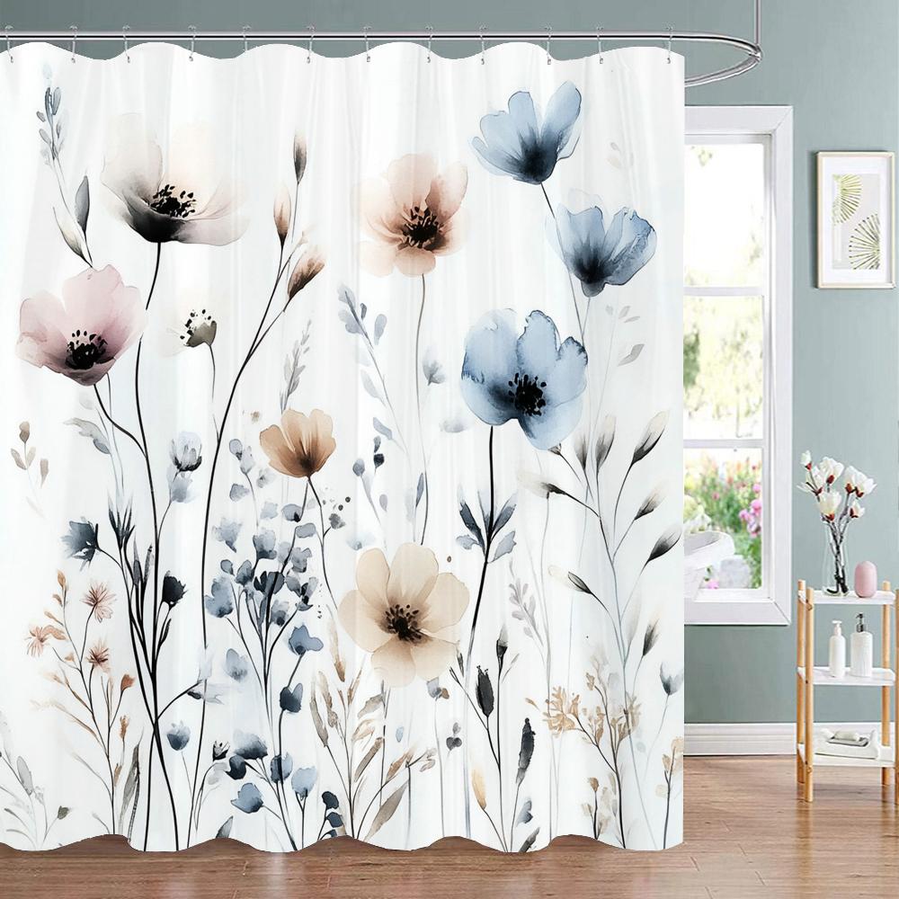 Watercolor Flowers And Plants Patterns Shower Curtain, Bathroom Decorative Shower Curtain, Waterproof Shower Curtain With Hooks
