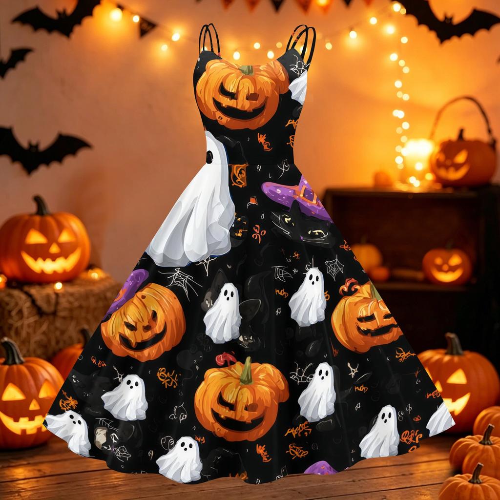 Womens Halloween Printed Off Shoulder Dress Vintage Punk Style Sleeveless Spaghetti Strap A Line Swing Dress with Flared Skirt for Party