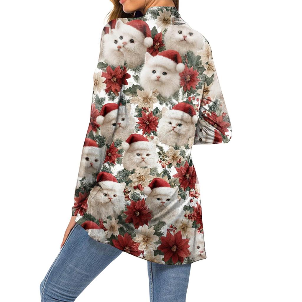 Women's Fashion Christmas Print Long-Sleeved Pocketed Slim-Fit Cardigan Coat