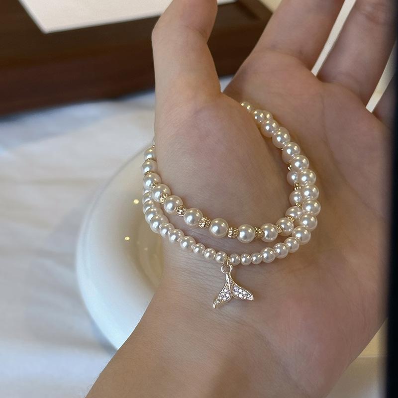 Zircon fishtail double-layer pearl bracelet French personality light luxury high-end bracelet elegant temperament versatile jewelry women