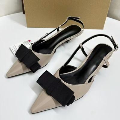 Mode 2025 Frühling Elegant Party Damen Schuhe Farbblock Lackleder Schleifenschmuck Retro-Stil Spitze Zehenpartie Damen Mittelabsatz Sandalen