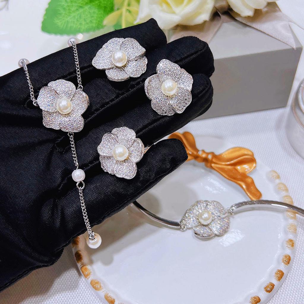 Full Diamond Pearl Camellia Set, French Premium Light Luxury Flower Ring, Earrings, Bracelet, Necklace