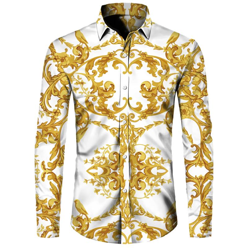 Golden Flower Pattern Print Men's Shirts Casual Single-Breasted Cardigan Long Sleeve Shirt Fashion Trend Tops Men Clothing