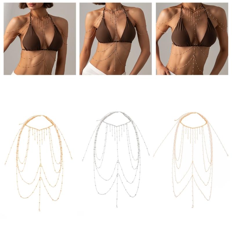 Draped Body Chain Jewelry Alloy Multi-Chain Torso Accessory for Vacation Outfits, Bikini Styling, Parties and Beachwear