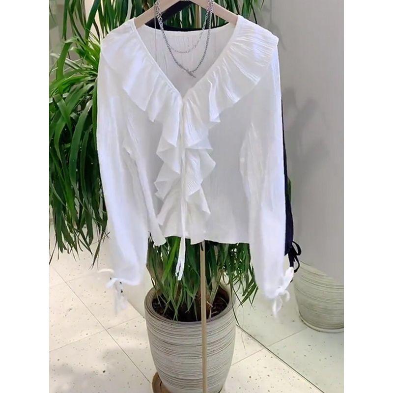 Buyer Store Gentle Ruffles Long Sleeves V-neck Shirt Female Early Autumn New Design Sense Niche Style Puff Sleeve Top