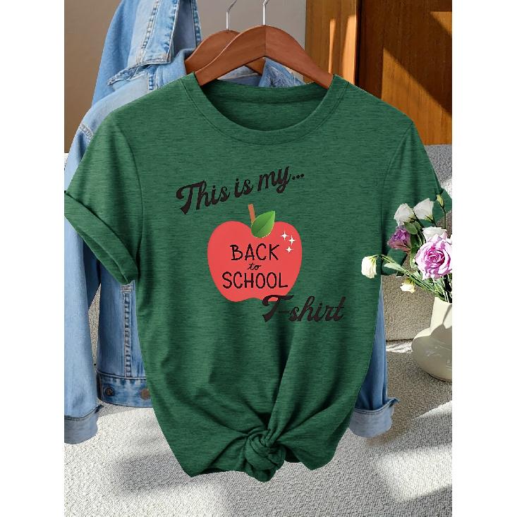 Back-to-School Season Fashionable and elegant red apple letter pattern printed round neck short sleeve shirt T Women s shirts for spring S темно-зеленого