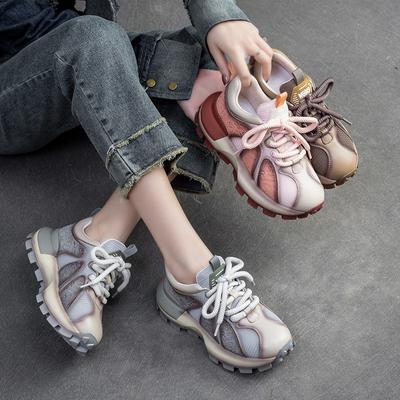 Breathable Mesh Mixed Colors Sneakers Genuine Leather Lace-up Casual Women's Shoes