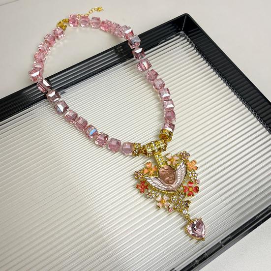 Vintage Angel Pendant Necklace, Sparkling Chunky Beaded Necklace, Pink Faux Diamond Heart Necklace, Retro Jewelry for Women